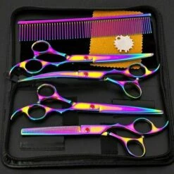 THSINDE 7 Pouces Set De Ciseaux De Toilettage Professionnels Pour Animaux De Compagnie Kit Droit, Courbé, éclaircissant Et Cisaillement En Acier Pour Chien,chat Et Animaux Compagnie ,Couleur
