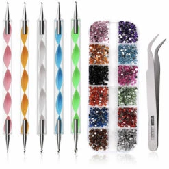 ASUPERMALL Nail Art Design Kit 12 Couleurs Cristaux Nail Art Strass Avec Pick Up Brucelles Acier Inoxydable & Strass Picker Nail Dotting Pen Ensemble De 3 Outils A Ongles, Multicolore