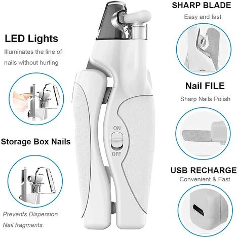 TANABATA Coupe Ongle Chien Chats Avec Lumière LED Rechargeable USB,Lime à Griffes Cachée Et Verrou De Sécurité Outil De Toilettage Sûr Pour Chiens, Chats Et Autres Animaux De Compagnie - Blanc 2 TANABATA Coupe Ongle Chien Chats Avec Lumière LED Rechargeable USB,Lime à Griffes Cachée Et Verrou De Sécurité Outil De Toilettage Sûr Pour Chiens, Chats Et Autres Animaux De Compagnie - Blanc – Image 2