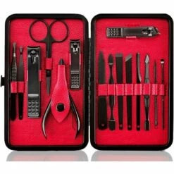 ALMI Kit Pedicure - Coupe Ongle Professionnel Coupe Cuticule Acier Inoxydable - Trousse Manucure Pedicure Set De 15pcs Avec Exquis La Boîte(Noir & Rose)