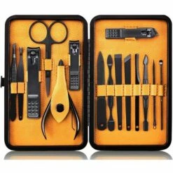 ALMI Kit Pedicure Coupe Ongle Professionnel Coupe Cuticule, 15pcs Trousse Manucure Femme Hommes Pedicure Set Avec Exquis La Boîte(Jaune)